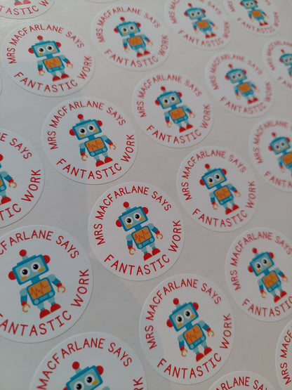 Robot Teacher Stickers | Sticker Sheet 45mm Circles | Well Done Stickers | Circle Stickers | Sticker Sheet | Personalised Star Classroom Stickers