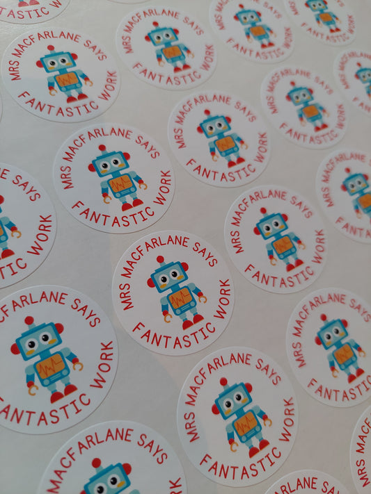Robot Teacher Stickers | Sticker Sheet 45mm Circles | Well Done Stickers | Circle Stickers | Sticker Sheet | Personalised Star Classroom Stickers