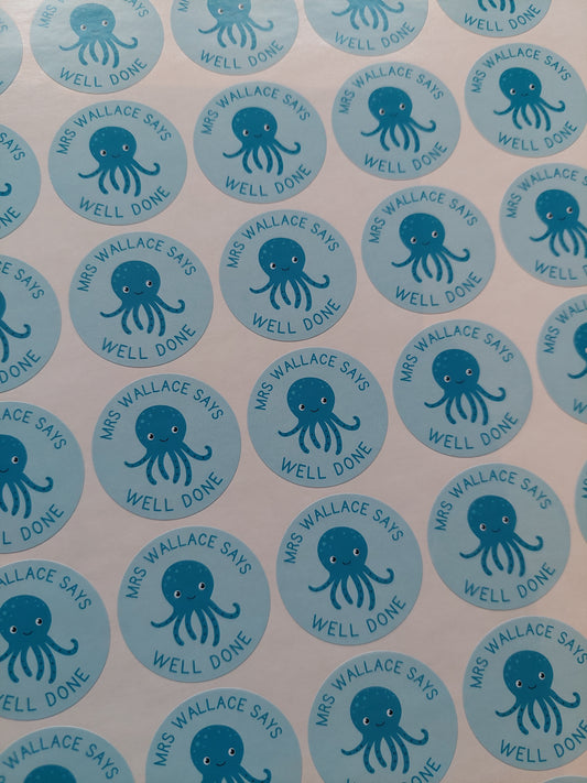 Octopus Teacher Stickers | Sticker Sheet 45mm Circles | Well Done Stickers | Circle Stickers | Sticker Sheet | Personalised Star Classroom Stickers