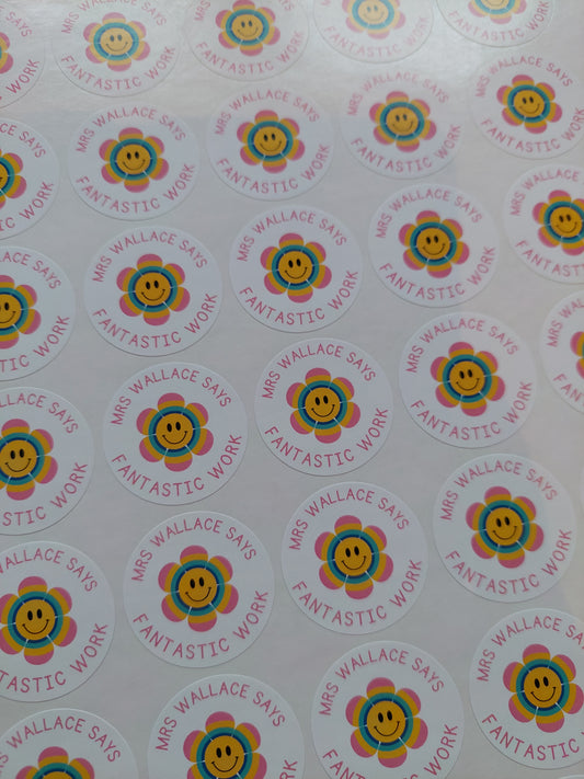 Flower Teacher Stickers | Sticker Sheet 45mm Circles | Well Done Stickers | Circle Stickers | Sticker Sheet | Personalised Star Classroom Stickers