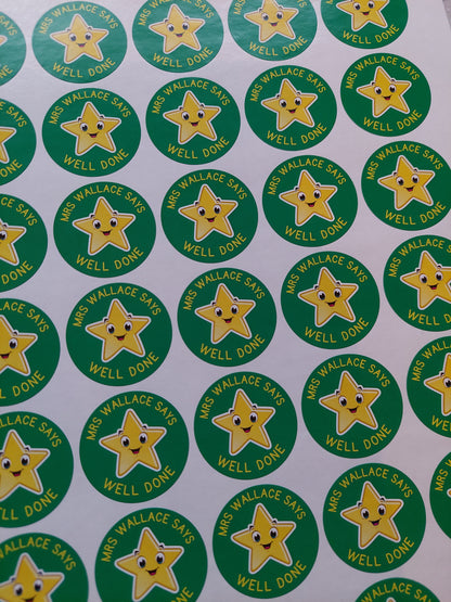 Green Star Teacher Stickers | Sticker Sheet 45mm Circles | Well Done Stickers | Circle Stickers | Sticker Sheet | Personalised Star Classroom Stickers