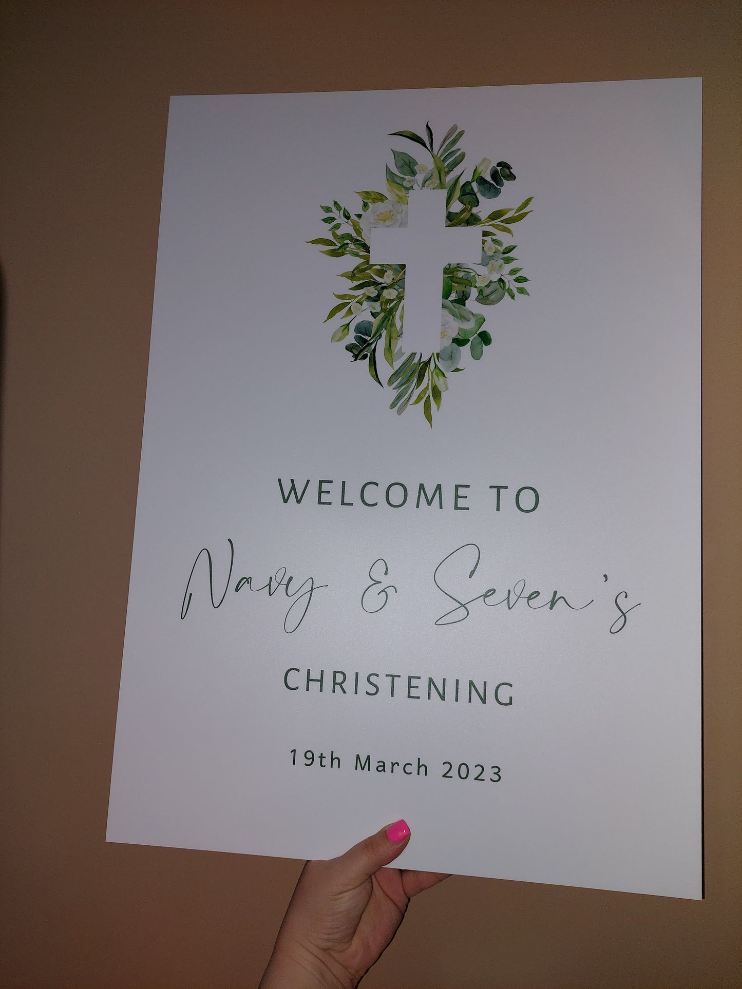 Christening, Baptism, Holy Communion Welcome Board Sign | Personalised Party Board | Green, Leafy, Eucalyptus Party Sign | A4, A3, A2