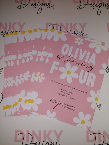 Pink Daisy Party Invitations | A6 Invites | Daisy Theme Invitations | Party Invitations