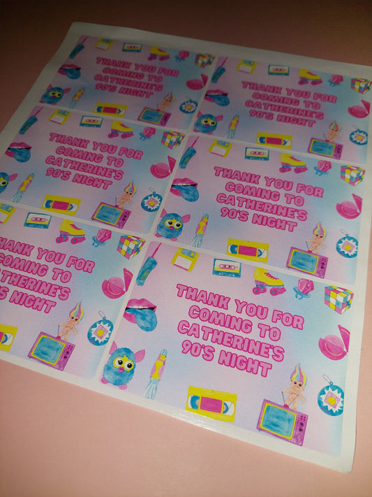 6 x 90's Rectangle Party Bag Stickers | Catherine's 90's Party | SALE ITEM