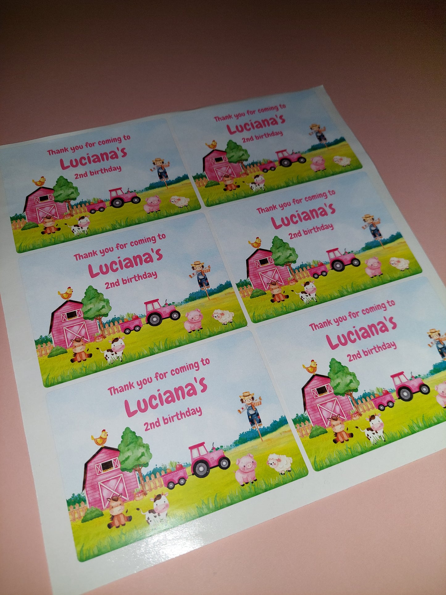 6 x Farm Rectangle Party Bag Stickers | Luciana's 2nd Birthday | SALE ITEM