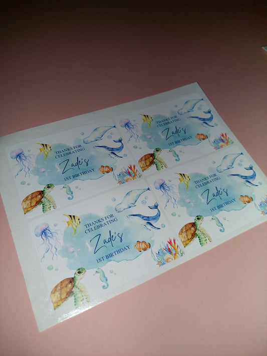 4 x Under The Sea Rectangle Party Bag Stickers | Zade's 1st Birthday | SALE ITEM
