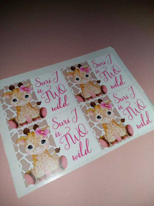 4 x Giraffe Rectangle Party Bag Stickers | Suri J Is Two Wild | SALE ITEM
