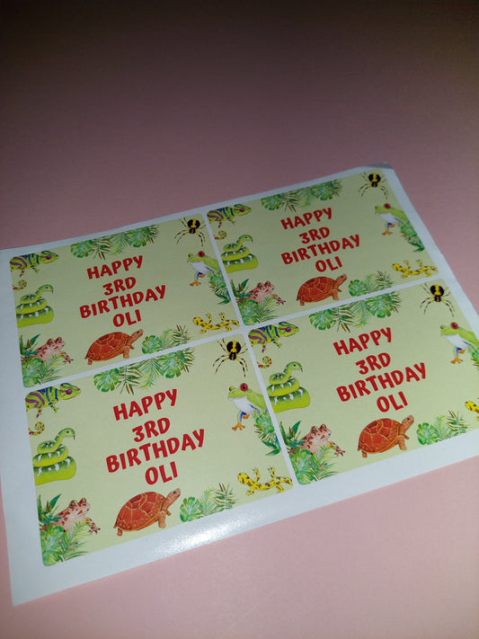 4 x Reptile Rectangle Party Bag Stickers | Happy 3rd Birthday Oli | SALE ITEM
