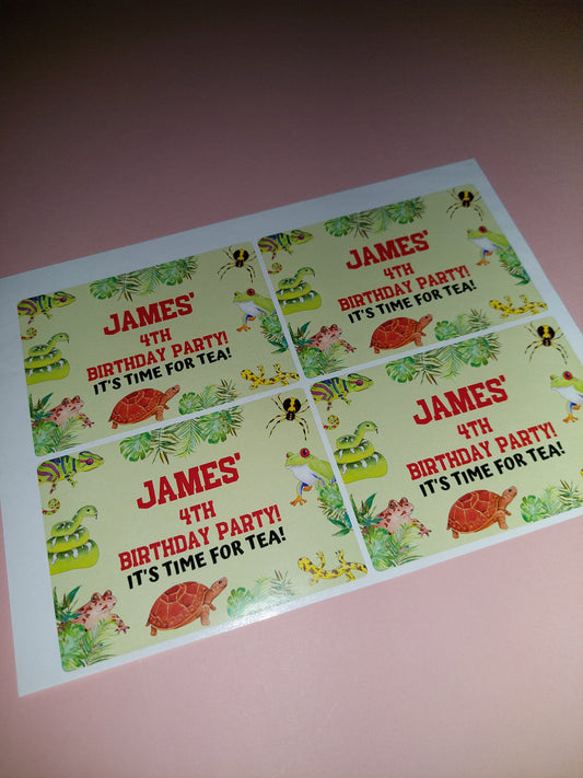 4 x Reptile Rectangle Party Bag Stickers | James' 4th Birthday Party | SALE ITEM