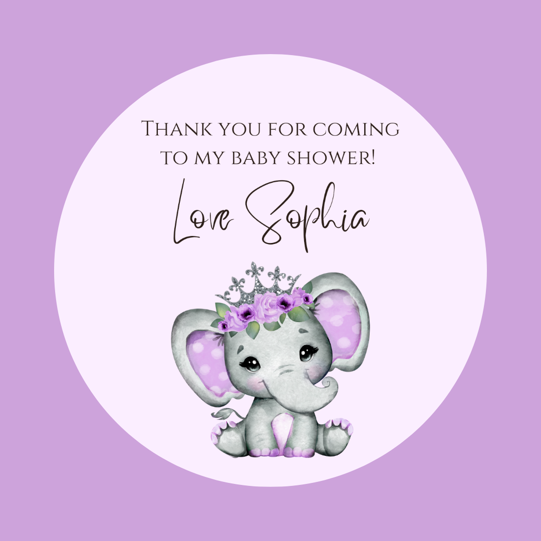 Purple Elephant Floral Baby Shower, 1st Birthday Stickers | Sticker Sheet | Baby Shower, 1st Birthday Party Stickers
