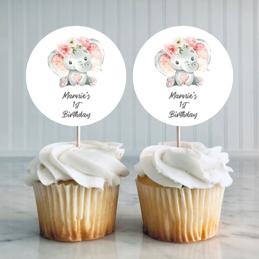 Pink Floral Elephant Baby Shower, Birthday, Christening Cupcake Toppers | Party Decorations