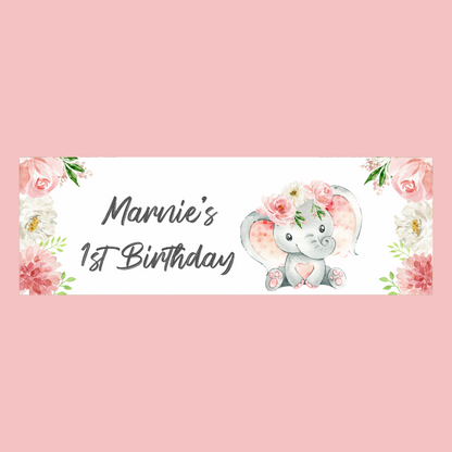 Pink Floral Elephant Crown Banner | Personalised Baby Shower Party, Birthday, Christening Banner | Baby Shower, Birthday Party Theme