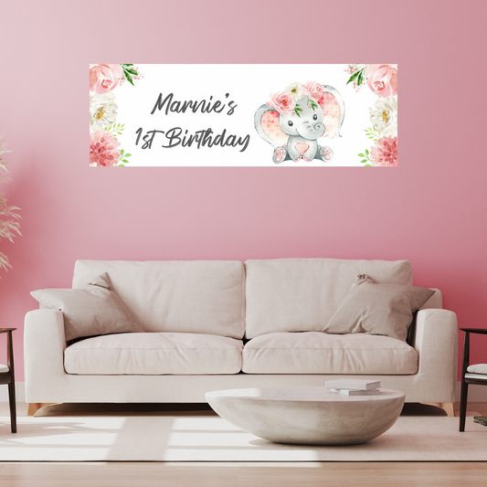 Pink Floral Elephant Crown Banner | Personalised Baby Shower Party, Birthday, Christening Banner | Baby Shower, Birthday Party Theme