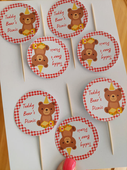 Cupcake Toppers | 15 x Teddy Bear's Picnic Cupcake Toppers - Red Teddy Bear Picnic | SALE ITEM