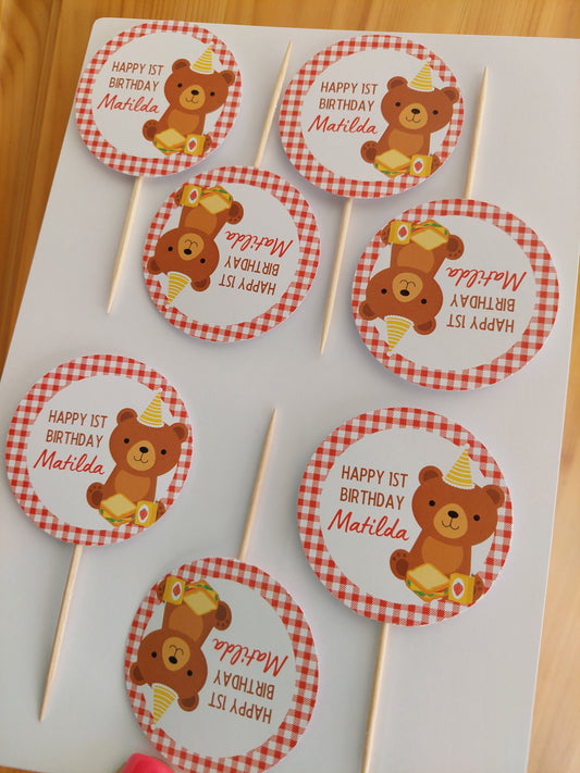 Cupcake Toppers | 15 x Happy 1st Birthday Matilda Cupcake Toppers - Red Teddy Bear Picnic | SALE ITEM