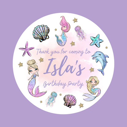 Mermaid Party Stickers | Circle Stickers | Sticker Sheet | Party Stickers | Mermaid Party Theme - Dinky Designs