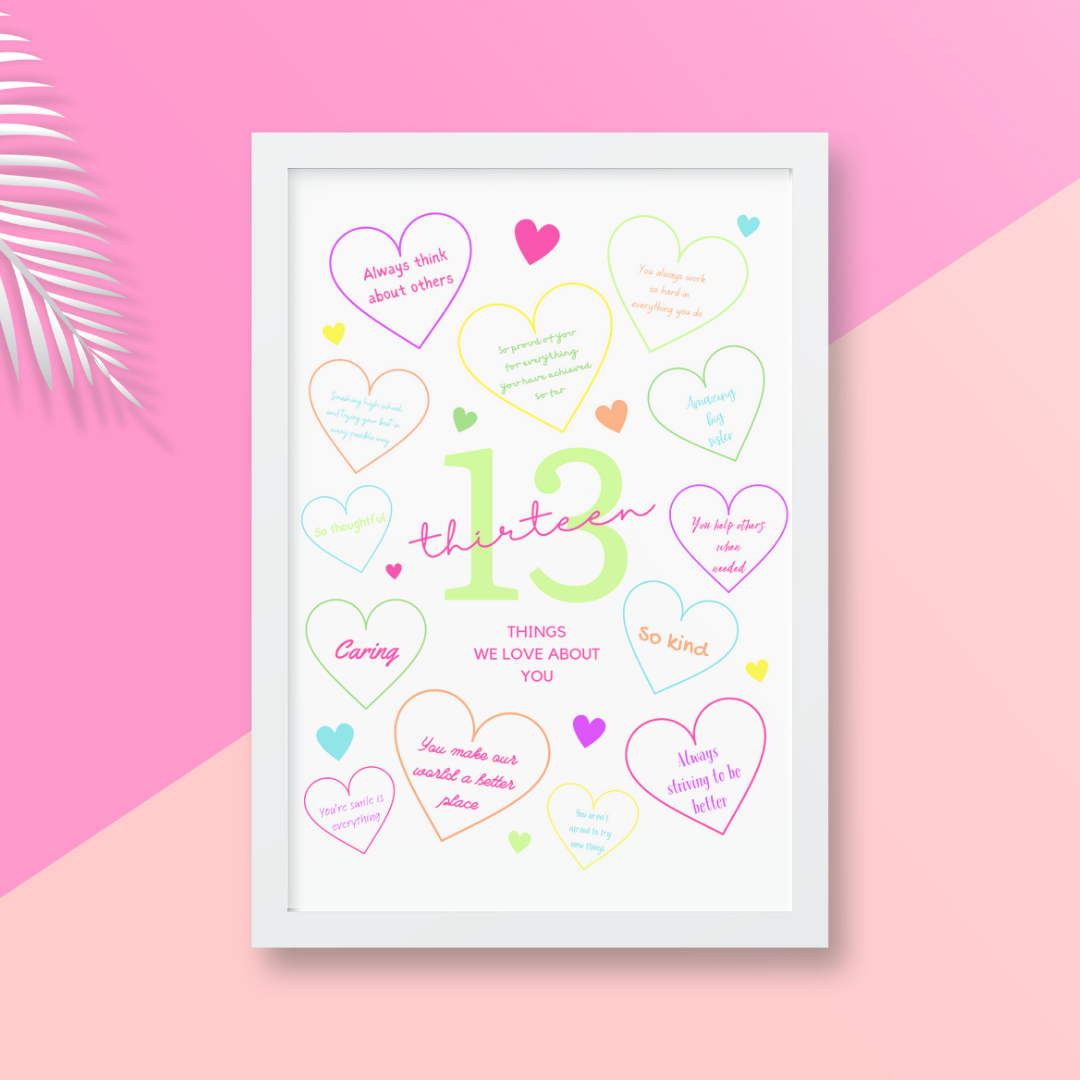 13th Birthday Print | 13 Things We Love About You | Teenager Keepsake Gift | Neon Colour Print