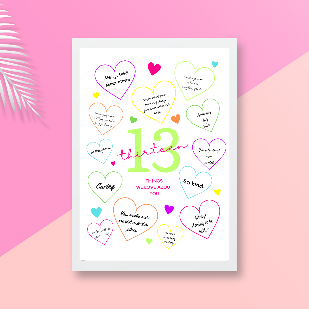 13th Birthday Print | 13 Things We Love About You | Teenager Keepsake Gift | Neon Colour Print