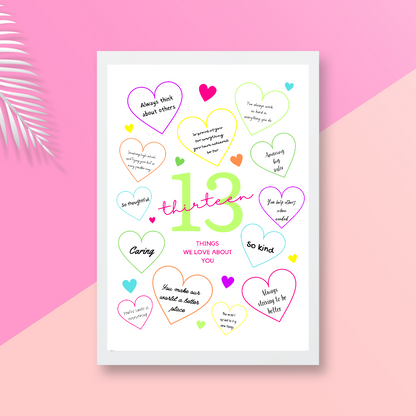 13th Birthday Print | 13 Things We Love About You | Teenager Keepsake Gift | Neon Colour Print