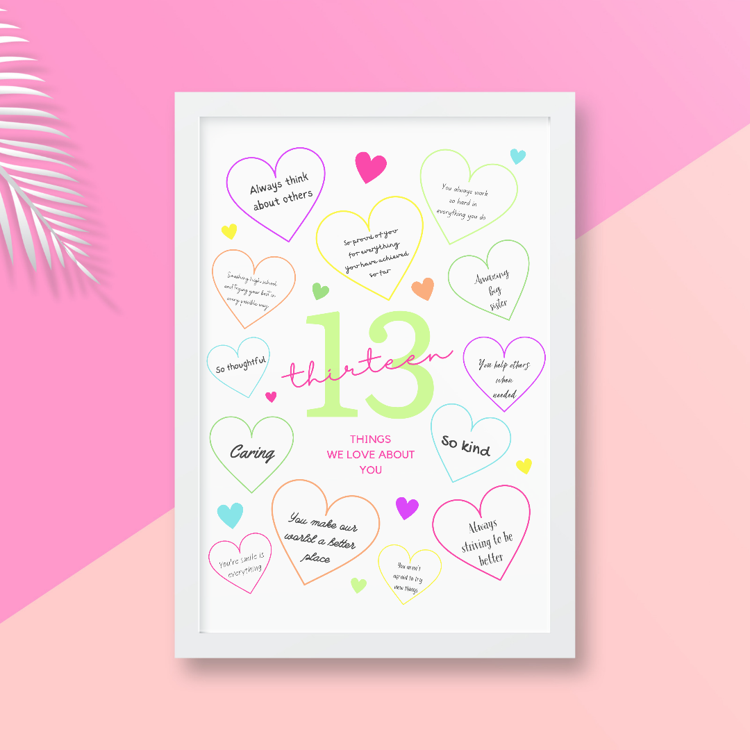 13th Birthday Print | 13 Things We Love About You | Teenager Keepsake Gift | Neon Colour Print