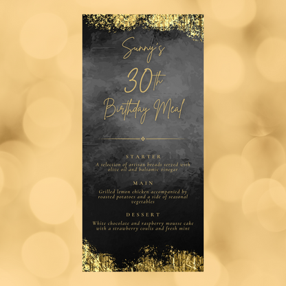 Table Party Menu | Black & Gold Menu | Black & Gold Party Theme