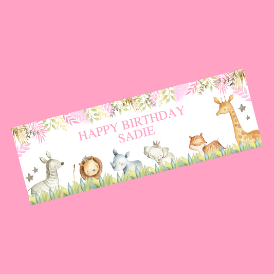 Pink Safari Animal Banner | Personalised Party Banner | Pink Safari Animal Theme