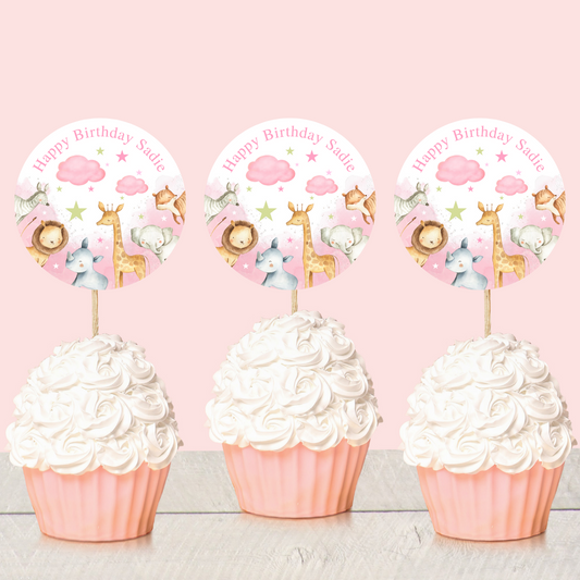 Pink Safari Animal Cupcake Toppers | Birthday Cupcake Toppers | Party Decorations