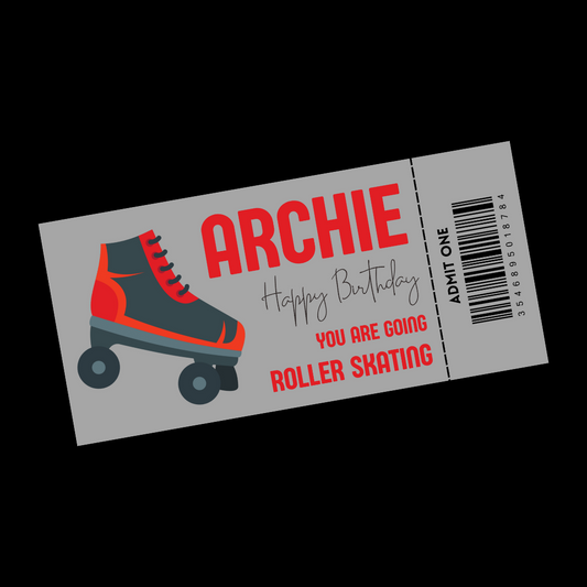 Surprise Ticket Print | Personalised Red Grey Roller Skating Ticket Pass Voucher Membership | Gift Idea