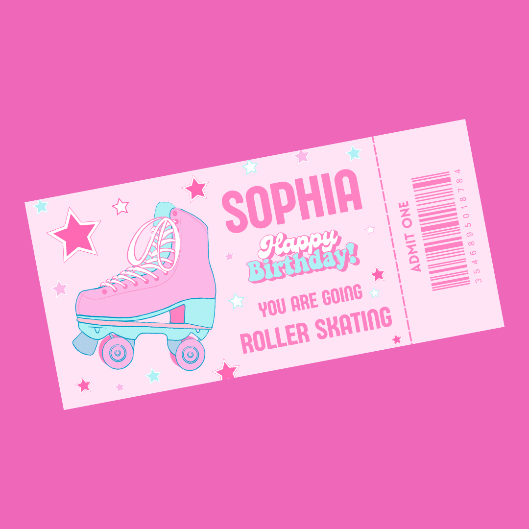 Surprise Ticket Print | Personalised Pink & Blue Roller Skating Ticket Pass Voucher Membership | Gift Idea