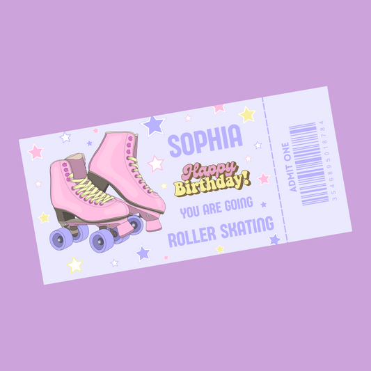 Surprise Ticket Print | Personalised Pink & Purple Roller Skating Ticket Pass Voucher Membership | Gift Idea