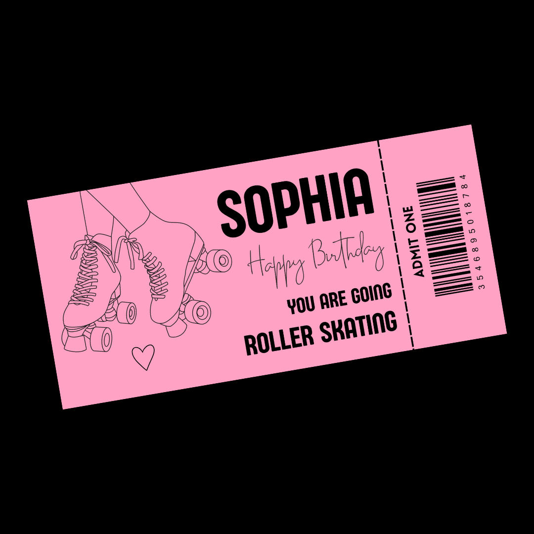 Surprise Ticket Print | Personalised Pink Roller Skating Ticket Pass Voucher Membership | Gift Idea