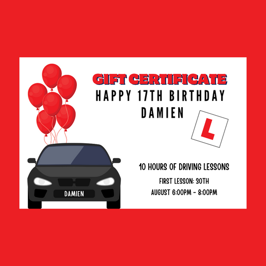 A6 Print | Red Driving Lesson Gift Certificate | Gift Idea