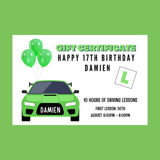 A6 Print | Green Driving Lesson Gift Certificate | Gift Idea