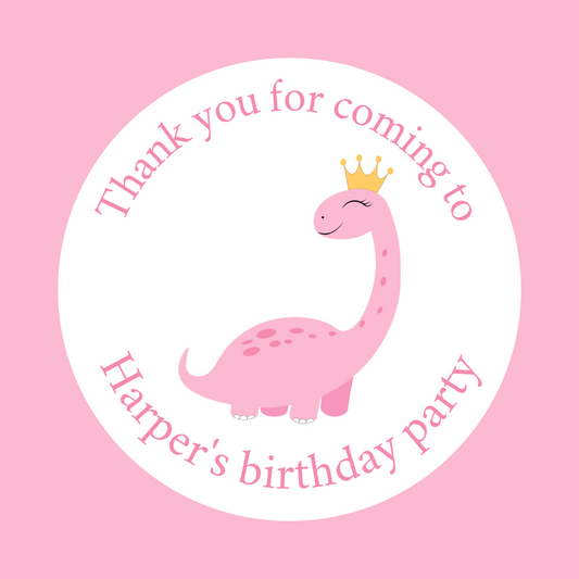 Pink Princess Crown Dinosaur Party Stickers | Circle Stickers | Sticker Sheet | Party Stickers | Dinosaur Party Theme
