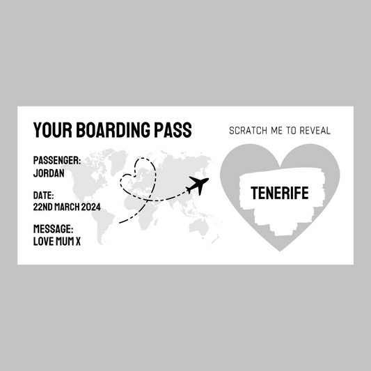 Silver/Grey Surprise Ticket Print | Personalised Boarding Pass Ticket | Holiday Destination Scratch Reveal | Gift Idea