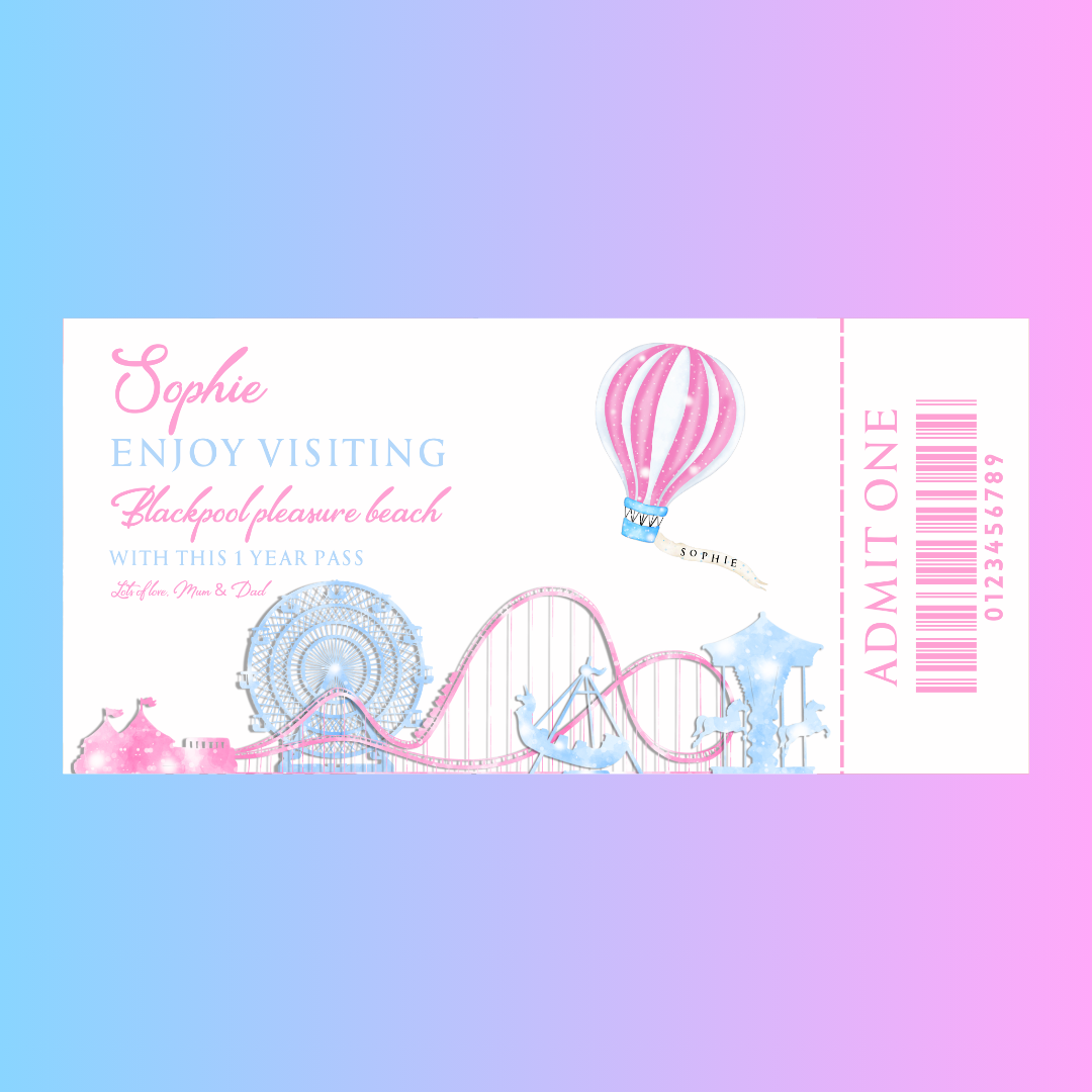 Surprise Ticket Print | Personalised Pink Theme Park Ticket Pass Voucher Membership | Gift Idea