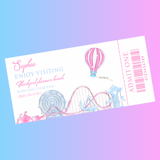 Surprise Ticket Print | Personalised Pink Theme Park Ticket Pass Voucher Membership | Gift Idea