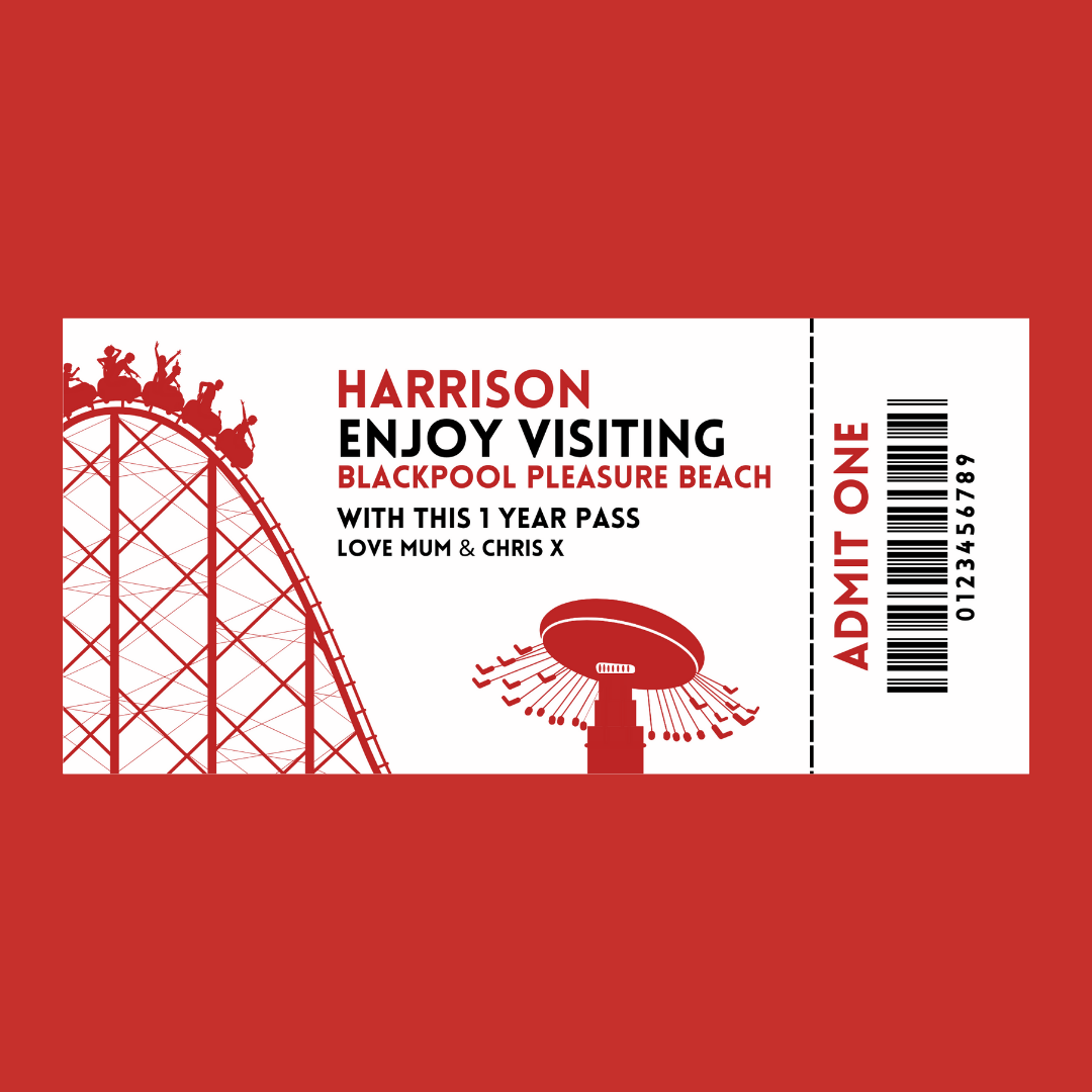 Surprise Ticket Print | Personalised Red Theme Park Ticket Pass Voucher Membership | Gift Idea