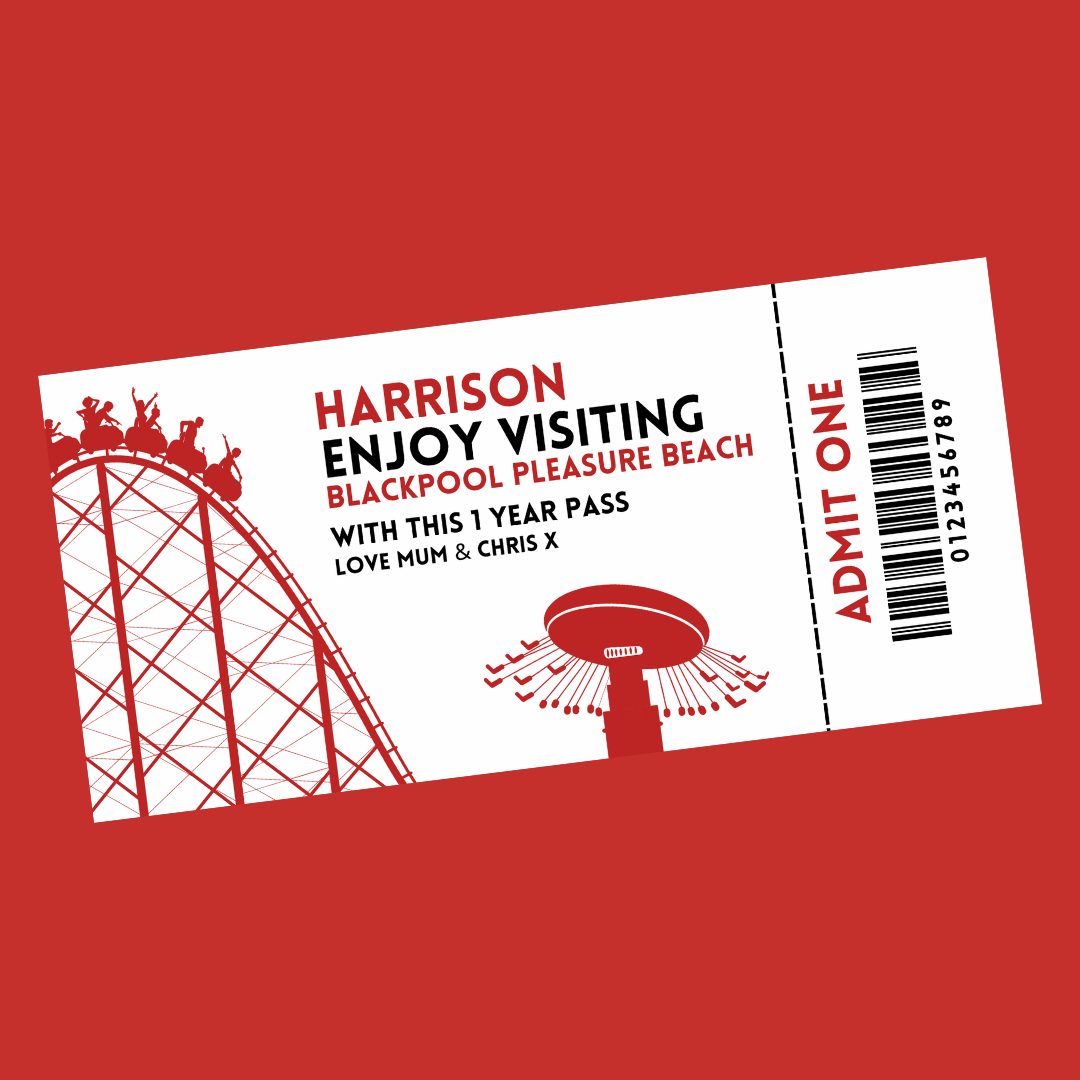 Surprise Ticket Print | Personalised Red Theme Park Ticket Pass Voucher Membership | Gift Idea