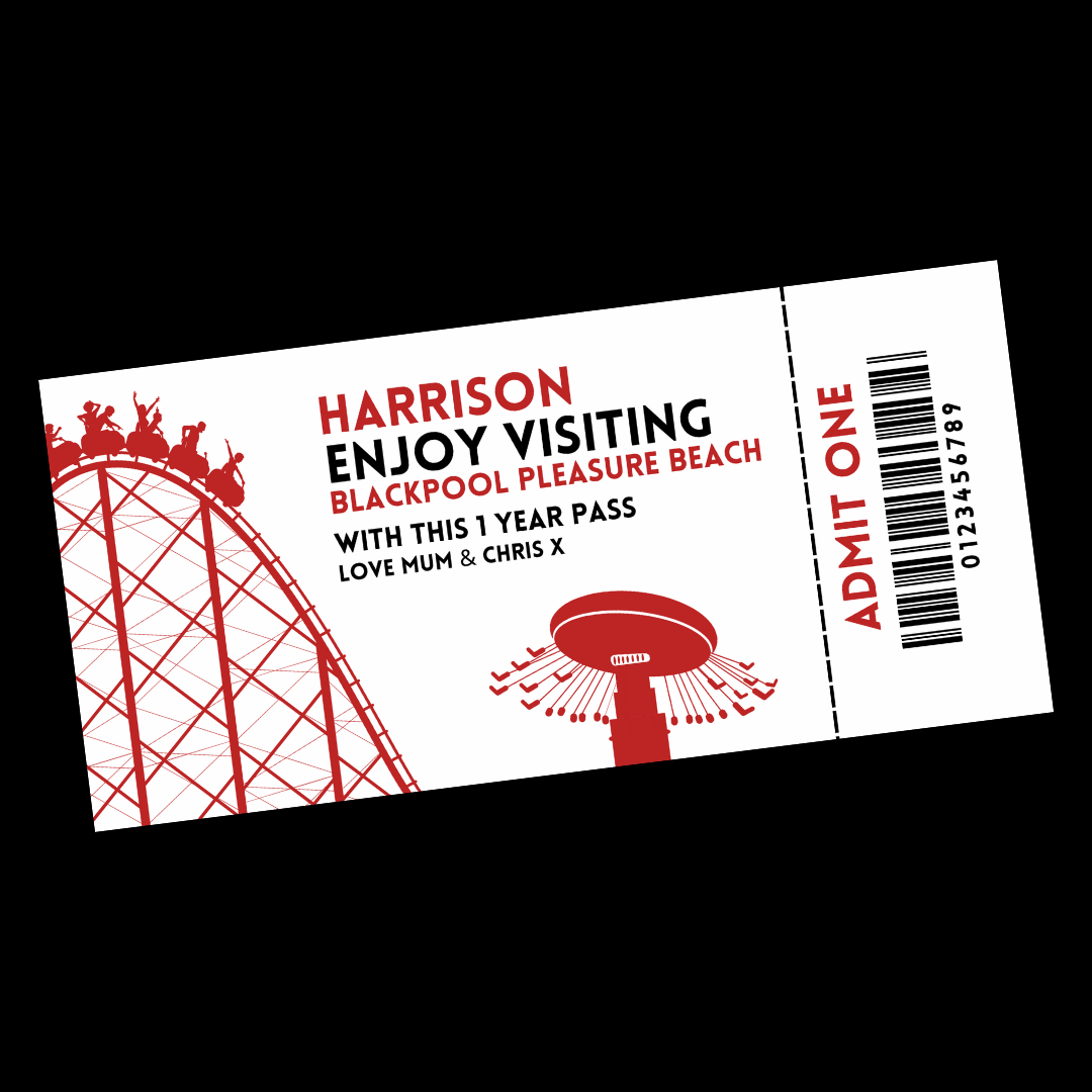 Surprise Ticket Print | Personalised Red Theme Park Ticket Pass Voucher Membership | Gift Idea