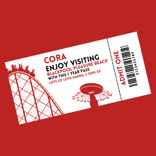 Surprise Ticket Print | Personalised Red Theme Park Ticket Pass Voucher Membership | Gift Idea