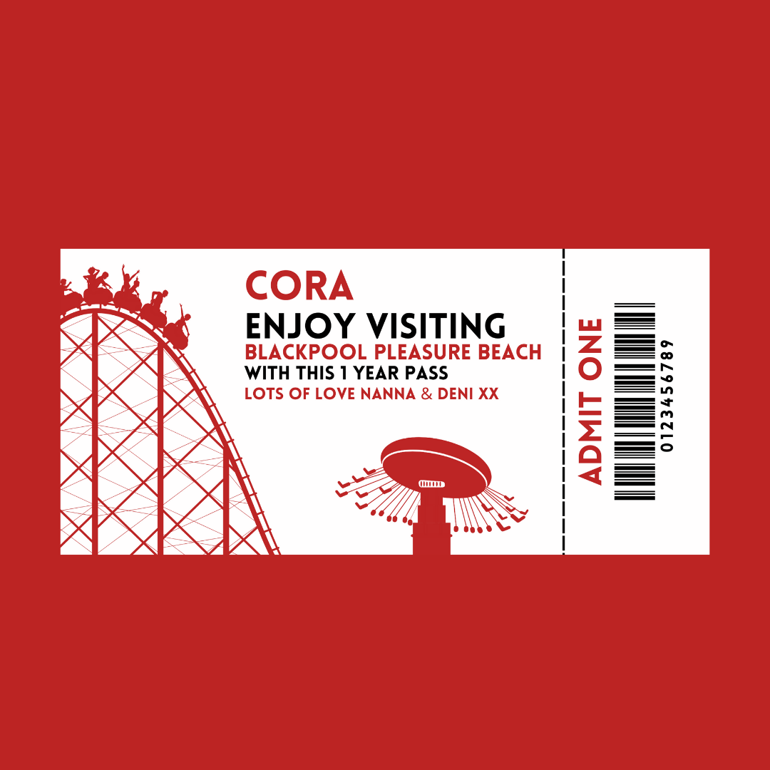 Surprise Ticket Print | Personalised Red Theme Park Ticket Pass Voucher Membership | Gift Idea