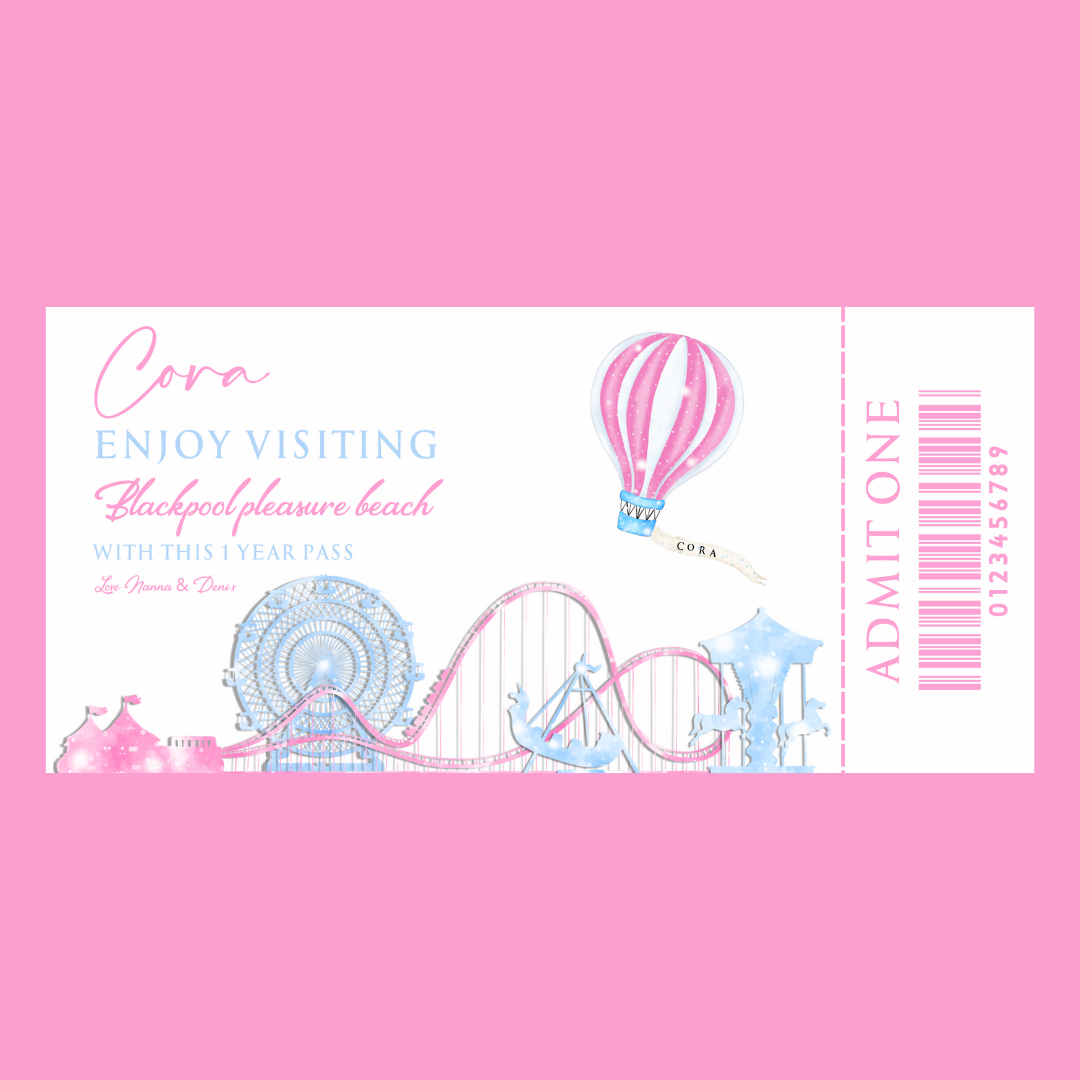 Surprise Ticket Print | Personalised Pink Theme Park Ticket Pass Voucher Membership | Gift Idea