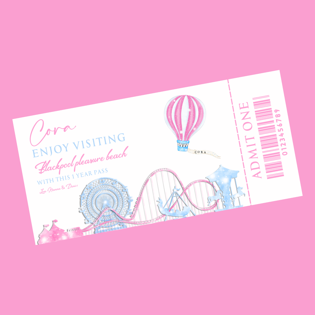 Surprise Ticket Print | Personalised Pink Theme Park Ticket Pass Voucher Membership | Gift Idea