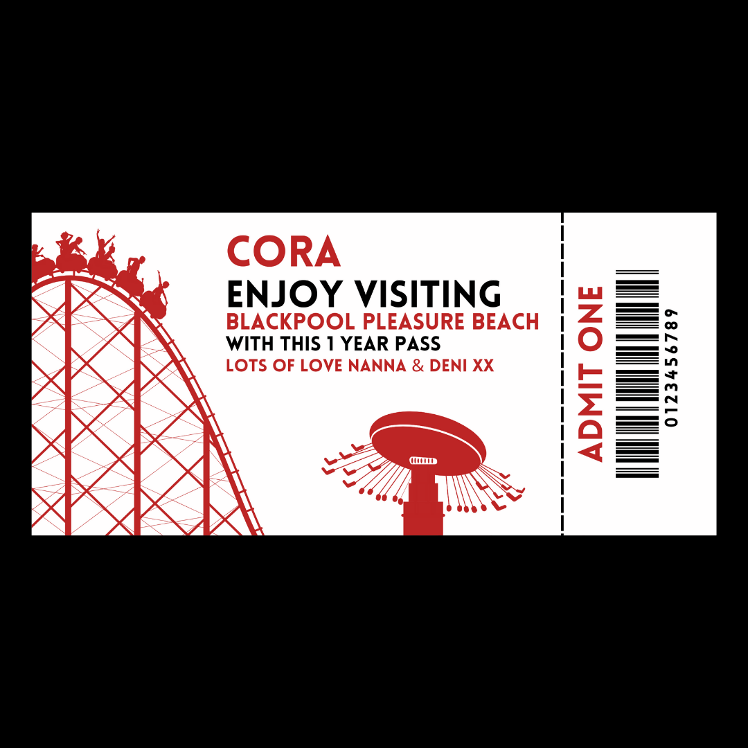 Surprise Ticket Print | Personalised Red Theme Park Ticket Pass Voucher Membership | Gift Idea