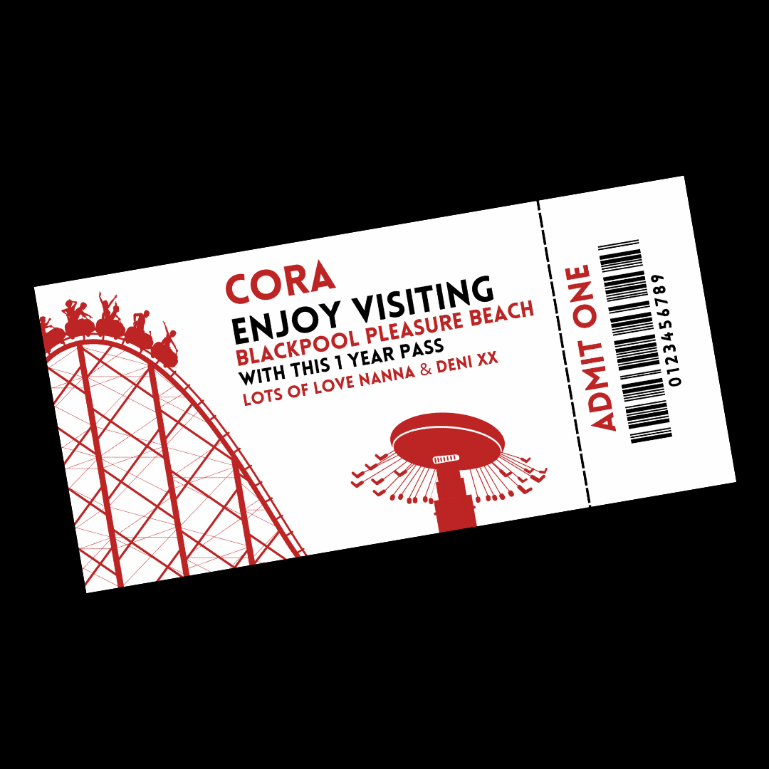 Surprise Ticket Print | Personalised Red Theme Park Ticket Pass Voucher Membership | Gift Idea