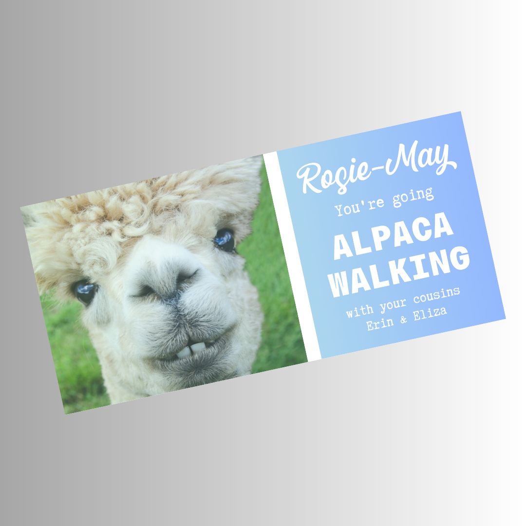 Surprise Ticket Print | Personalised Alpaca Walking Ticket Pass Voucher Membership | Gift Idea