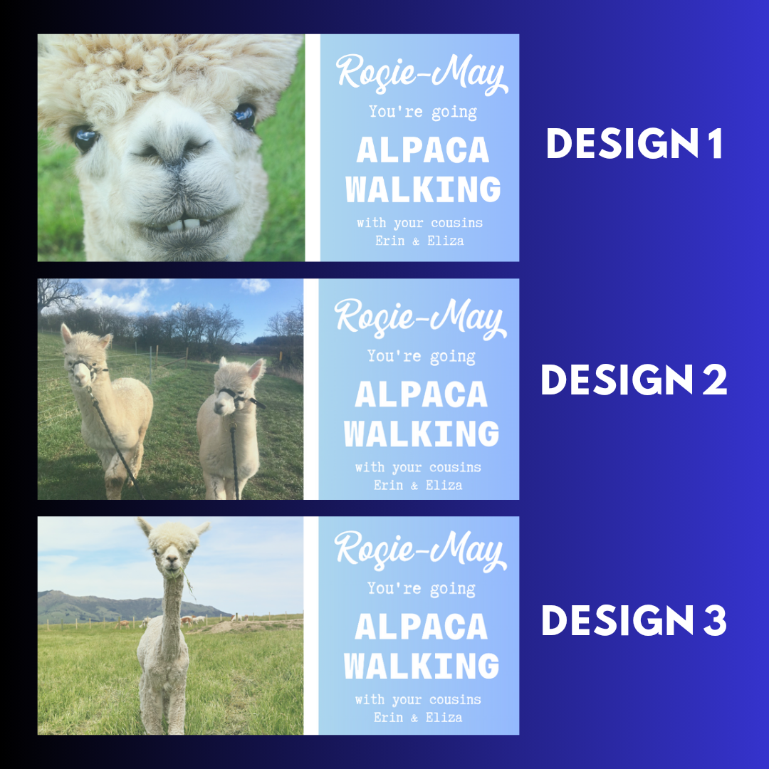 Surprise Ticket Print | Personalised Alpaca Walking Ticket Pass Voucher Membership | Gift Idea