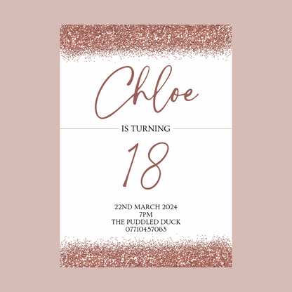 Rose Gold Invitations | A6 Invites | Rose Gold Glitter Invitations | Party Invitations