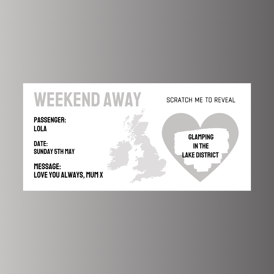 Silver/Grey Surprise Ticket Print | Personalised Weekend Away Scratch Reveal Ticket | Staycation UK | Gift Idea